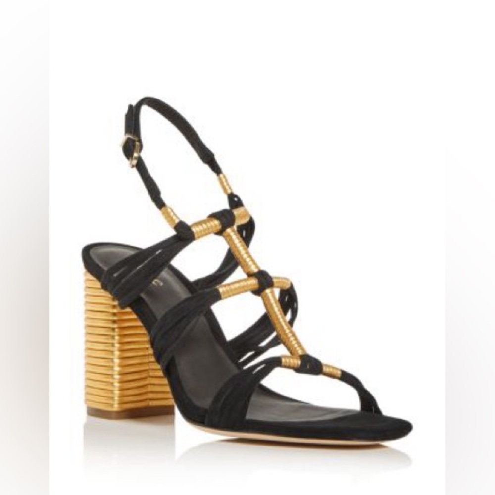 Joie Odell Black Stacked Heel Gold Square Heel Shoes Sandals Suede Size 5